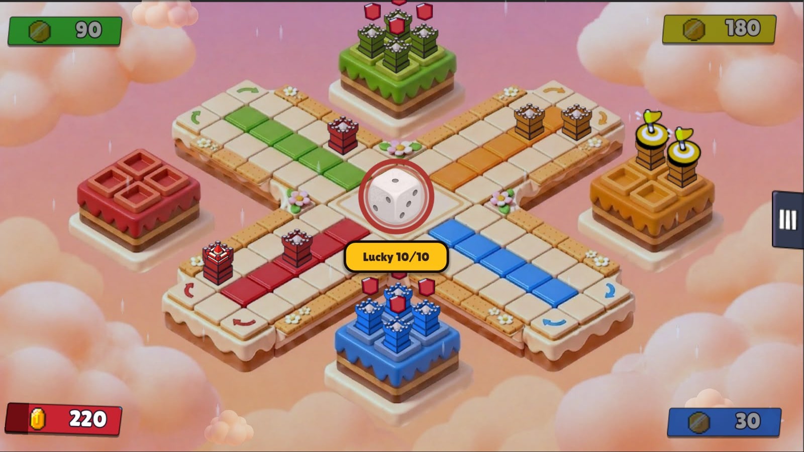 Mid-match Petty Pawns board with pawns racing on the biscuit track